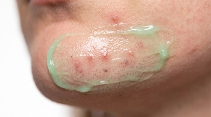 Fototapeta premium Close-up of a person's chin showing acne and blackheads with a greenish transparent gel applied, likely a skincare treatment.
