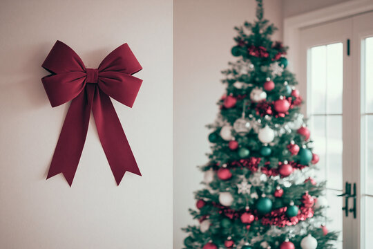 Red ribbon bow decoration on wall beside a beautifully adorned Christmas tree with colorful ornaments and a bright window in a cozy indoor setting