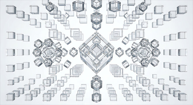 Abstract geometric composition featuring transparent glass cubes arranged in a symmetrical futuristic pattern. Clean minimal design with reflective surfaces, architectural shapes, and a modern 3D aest