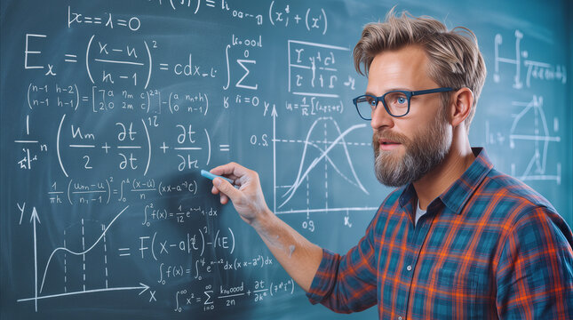 Researcher solving complex mathematical equations on chalkboard. Academic lecture and scientific discovery in university classroom.