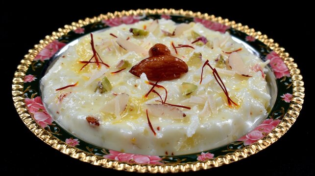 Richly garnished dessert served in a decorative dish.