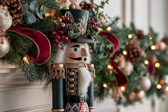 Nutcracker figurine adorned with festive decorations, surrounded by pine branches, red ribbons, and ornaments, creating a holiday-themed display on a wooden surface