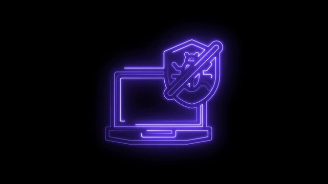 Purple neon laptop with shield and bug crossed out cybersecurity protection concept digital... icon