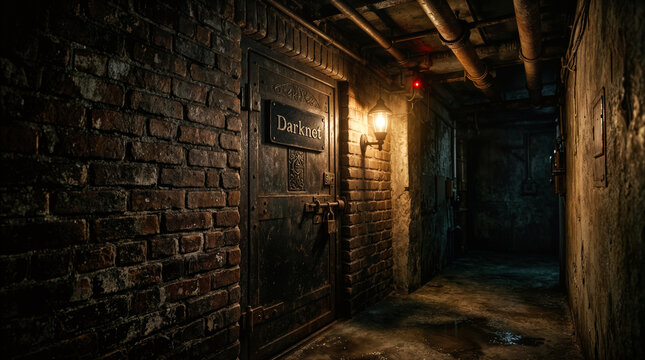 Heavy metal door with Darknet sign in dimly lit brick basement hallway. Concept of hidden cybercrime and underground digital activity.