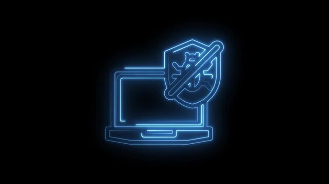 Neon blue laptop computer icon with shield and bug symbol crossed out representing cybersecurity