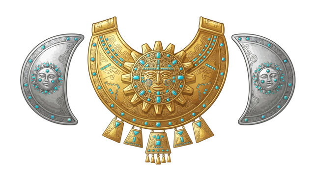 Inca gold sun god collar necklace with turquoise beads
