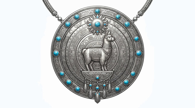Inca silver ceremonial pectoral necklace with llama and turquoise
