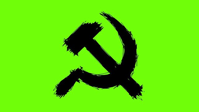 hammer and sickle symbol animation with line boil effect and solid black fill on a green screen chroma key background for video editing projects