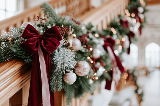Festive holiday garland with red bows, ornaments, and greenery adorning a wooden banister in an elegantly decorated interior space