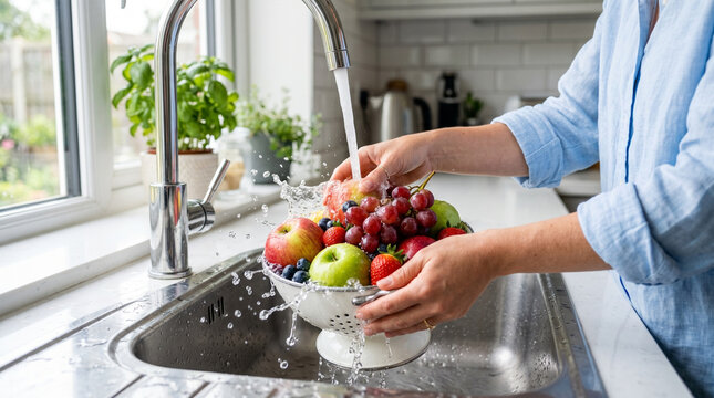 Person washing fresh fruit in a colander by kitchen sink  