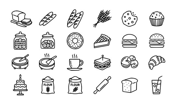 Bakery food line icon collection with bread pastry and breakfast symbols editable stroke vector