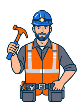A modern flat vector icon representing a construction worker wearing a blue hardhat with a built in headlamp