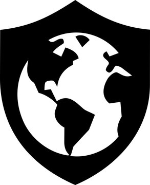 Minimalist black and white earth globe inside a protective shield symbol representing International Day for the Preservation of the Ozone Layer