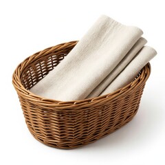 Obraz premium Wicker laundry basket filled with folded white towels. Clean bathroom linens neatly stacked in natural woven hamper for home spa decor.