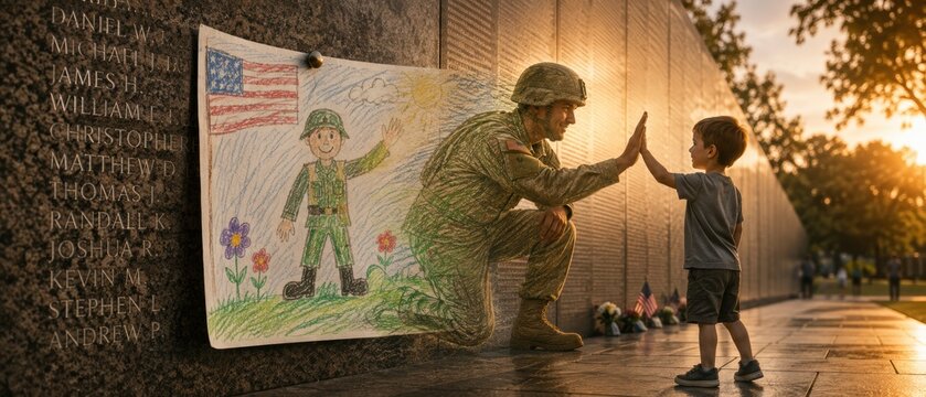 child high fiving ghostly soldier emerging from drawing at veterans memorial wall during sunset