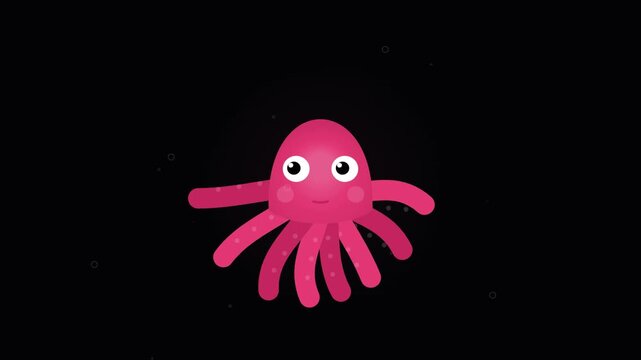 Cute Pink Cartoon Octopus Swimming In Deep Dark Water Animation