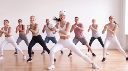 Obraz premium Gym members performing side lunges during group fitness class. Multiethnic people exercising together in bright studio with wooden floor.