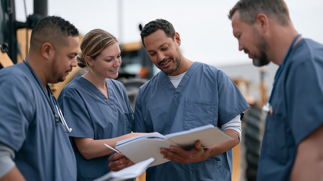 A multicultural cohort of adult nursing students in scrubs consults clinical manuals beside parked heavy machinery on an overcast industrial training site, the unexpected