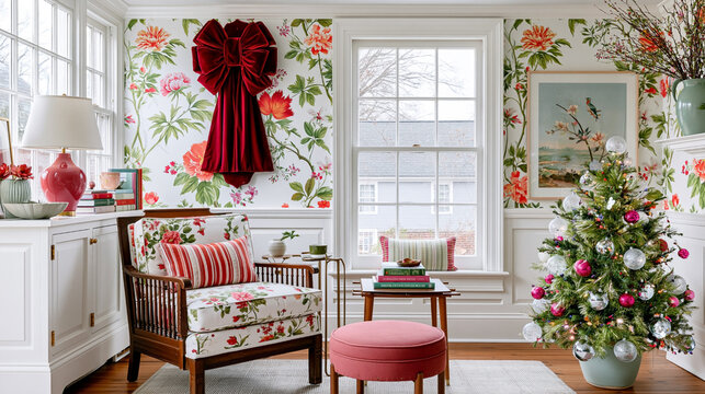 Festively decorated living room featuring a Christmas tree, floral wallpaper, and a cozy armchair with striped cushions, creating a warm holiday atmosphere