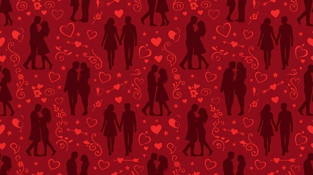 Romantic pattern featuring silhouettes of couples and red hearts