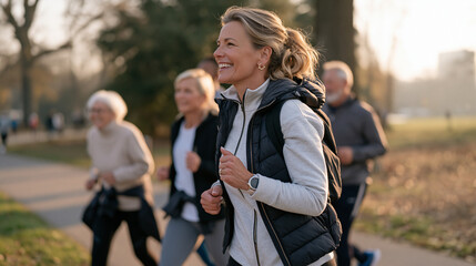 Fototapeta premium Longevity consultant leads a mixed age outdoor fitness group through a foggy park path in early morning light, elderly participants and younger attendees following alongside each