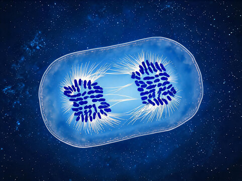 3D illustration of cell division mitosis anaphase stage showing chromosome separation