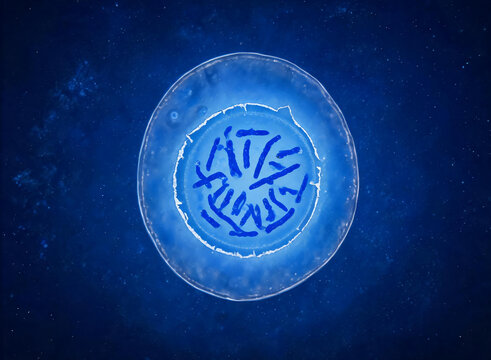 3D illustration of cell division mitosis prophase stage showing chromosomes inside nucleus