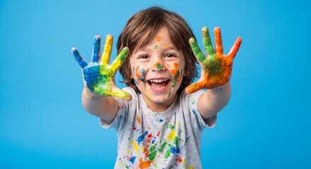 Fototapeta premium Smiling young child with colorful painted hands raised toward the camera against a bright blue background celebrating creativity, fun, and artistic expression.