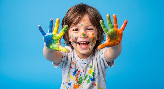 Smiling young child with colorful painted hands raised toward the camera against a bright blue background celebrating creativity, fun, and artistic expression.
