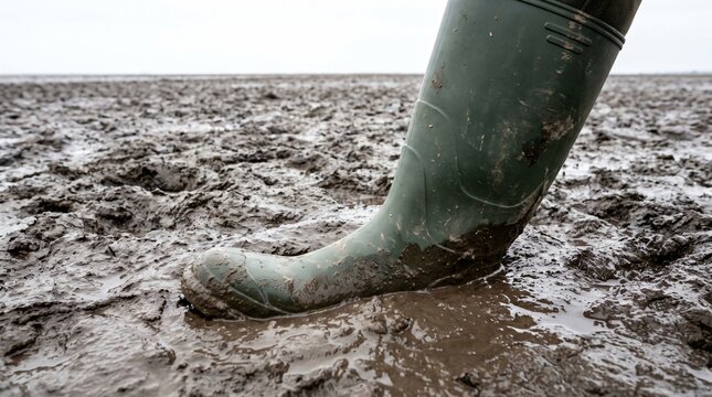 Green Wellington Boot Sunk Deep in Thick Wet Mud as a Stuck and Going Nowhere Metaphor
