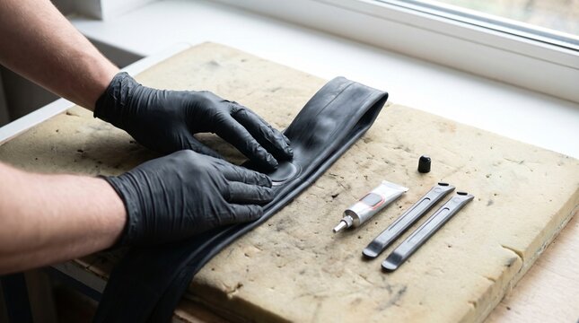Gloved Hands Pressing a Patch Onto a Bicycle Inner Tube Showing Repair Not Replace