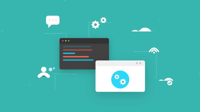 Digital software development process illustration featuring coding and settings icons