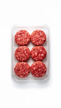 Raw beef burger patties arranged in a plastic tray on a clean white background, showcasing fresh ground meat ready for cooking.
