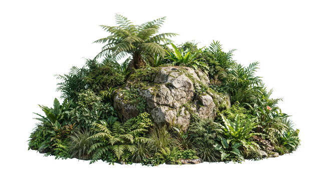 A garden decorated with rocks and tropical plants on a transparent background