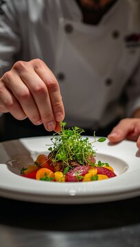Professional chef garnishing a gourmet dish with fresh herbs in a fine dining restaurant kitchen showcasing culinary craftsmanship and elegant food presentation.