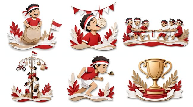 Traditional Indonesian Independence Day Games Collection Illustration with Trophy and Celebration Elements