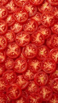 Fresh sliced tomatoes arranged in a seamless pattern, creating a vibrant red food background with natural texture and healthy culinary appeal.
