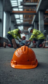 Orange safety hard hat in the foreground of an industrial construction site with workers in the background, emphasizing workplace safety and occupational protection.
