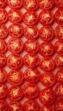 Fresh sliced tomatoes arranged in a seamless pattern, creating a vibrant red food background with natural texture and healthy culinary appeal.