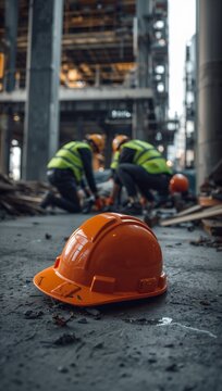 Orange safety hard hat in the foreground of an industrial construction site with workers in the background, emphasizing workplace safety and occupational protection.