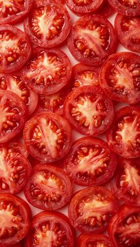 Fresh sliced tomatoes arranged in a seamless pattern, creating a vibrant red food background with natural texture and healthy culinary appeal.