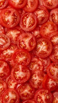 Fresh sliced tomatoes arranged in a seamless pattern, creating a vibrant natural food background with rich texture and healthy culinary appeal.