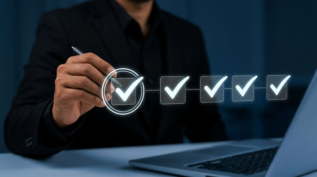 Businessman checking virtual tick marks for quality control compliance