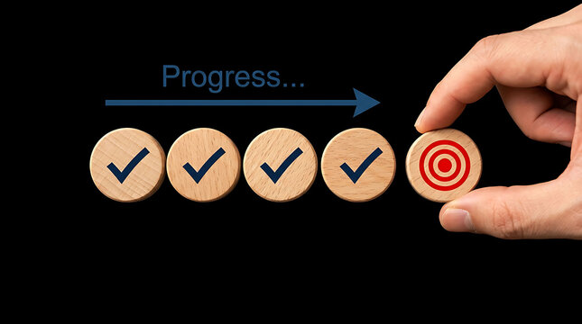 Hand placing target wooden block to achieve progress goal process