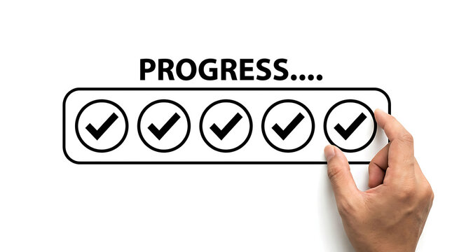 Hand touching final checkmark on progress bar for loading completion