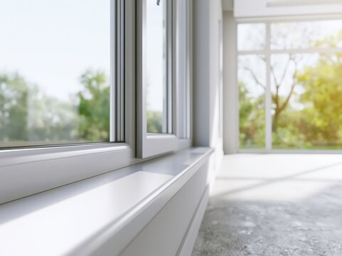 Modern window detail in bright room with large picture window showing greenery outside