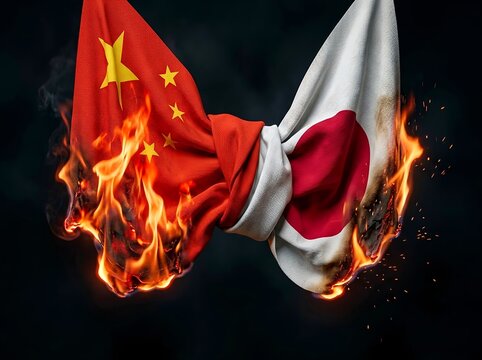 Political Conflict and Geopolitical Tension of China and Japan. Historical disputes, trade friction, territorial issues, and complex diplomatic relations in East Asia