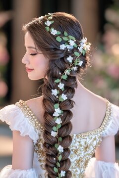 Elegant woman with an intricate long braided hairstyle decorated with delicate flowers and gold botanical accessories, styled for a romantic bridal look.
