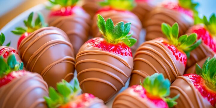 Close-up of fresh strawberries coated in smooth milk chocolate with decorative chocolate drizzle, creating a colorful and indulgent dessert background.