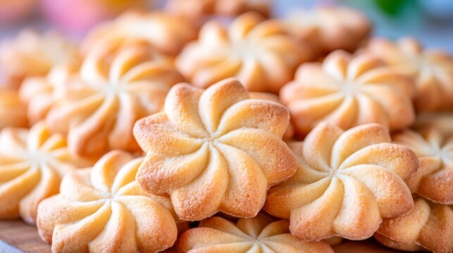 Close-up of golden brown butter cookies with decorative swirled flower shapes, arranged on a blue plate in warm natural light.